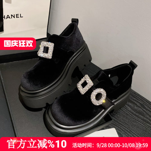复古魔术贴厚底增高水钻小皮鞋