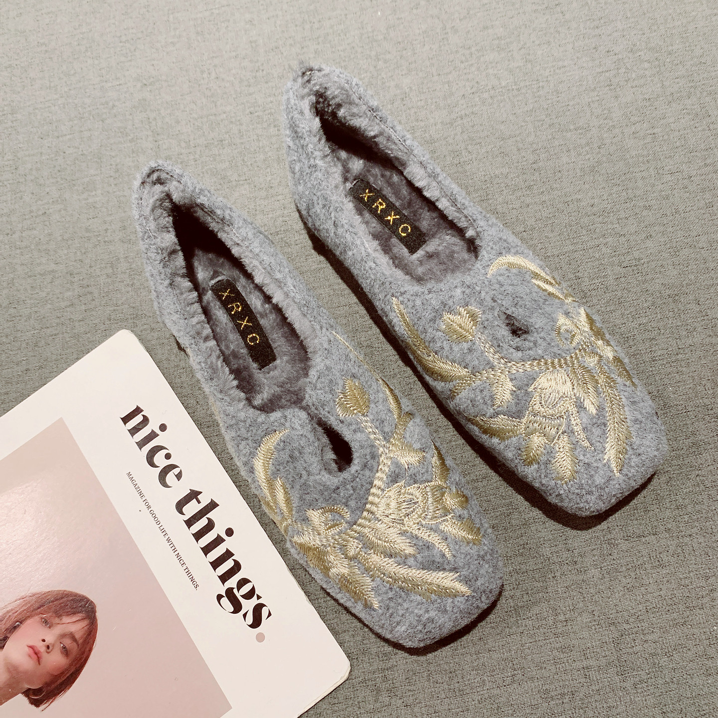 一脚套加绒毛毛鞋女方头平底鞋