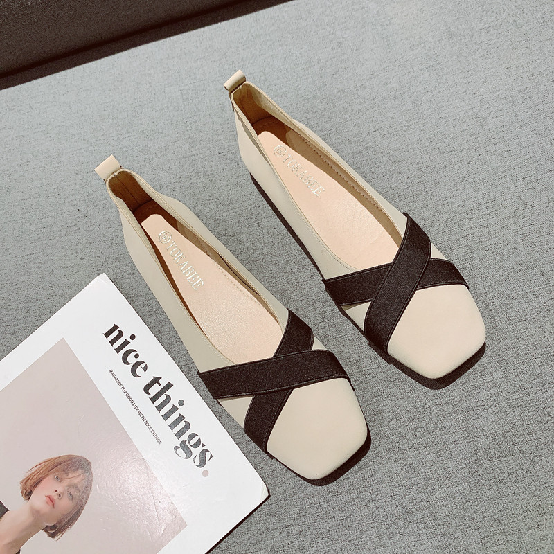拼色交叉带低跟芭蕾单鞋女2025年新款复古方头浅口粗跟通勤工作鞋,女鞋,浅口单鞋,淘宝优惠券,粉丝福利购,淘宝优惠卷
