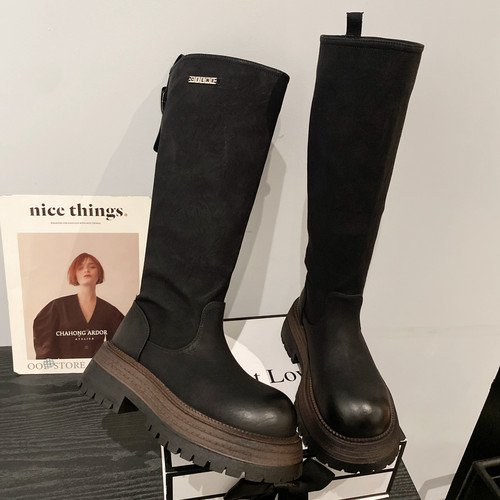 复古圆头厚底高筒骑士靴女长筒靴