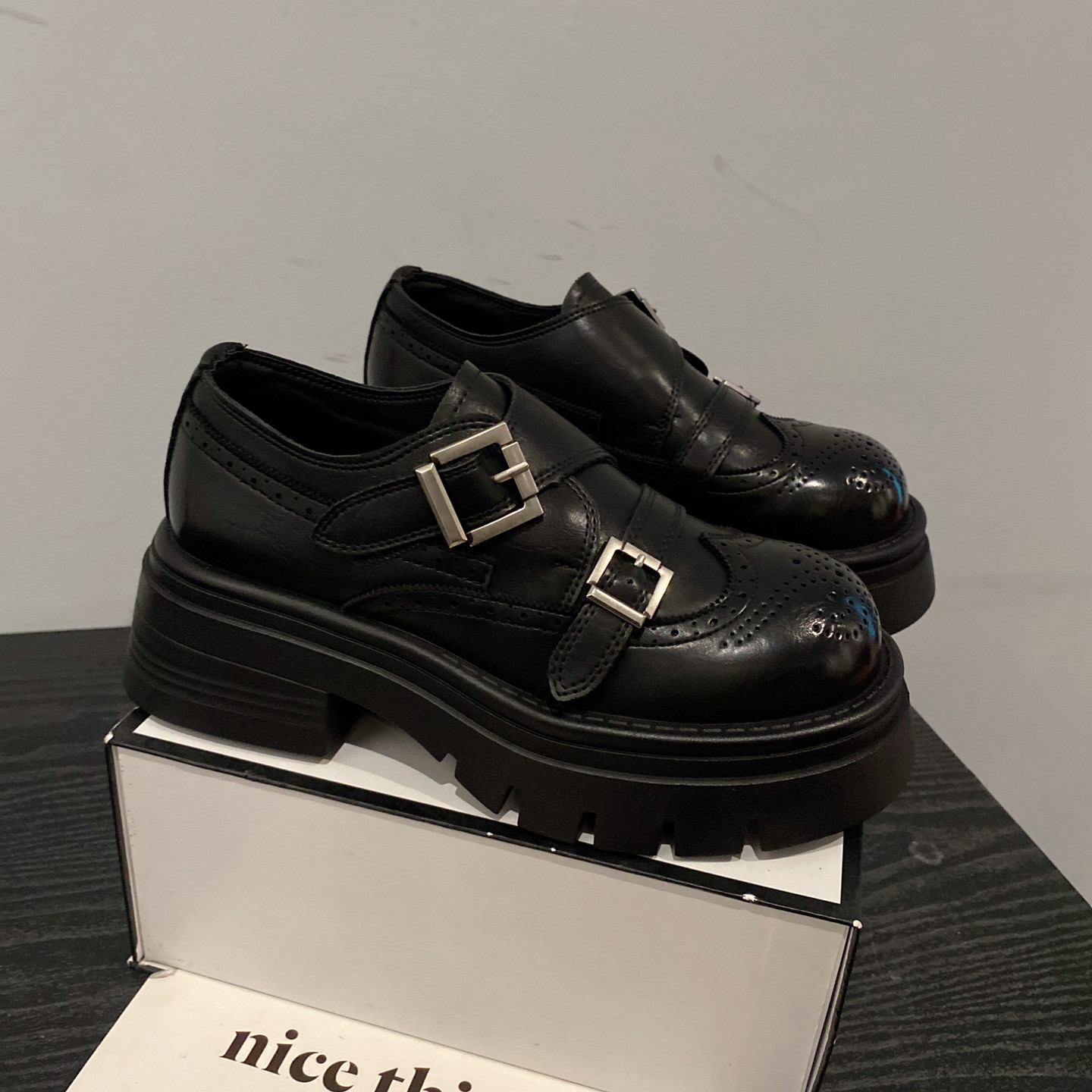 2025年新款英伦风双搭扣布洛克雕花休闲小皮鞋增高厚底圆头乐福鞋,女鞋,乐福鞋（豆豆鞋）,淘宝优惠券,粉丝福利购,淘宝优惠卷