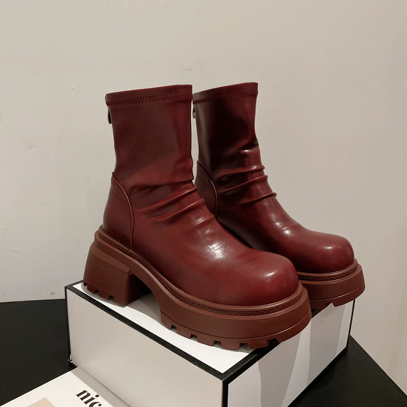 真皮褶皱面小个子增高厚底马丁靴