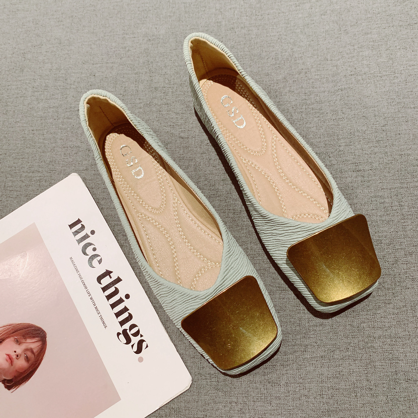 2025年新款复古方头舒适软底豆豆鞋女金属扣装饰一脚套平底单鞋,女鞋,浅口单鞋,淘宝优惠券,粉丝福利购,淘宝优惠卷