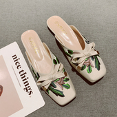 蝴蝶结一脚套方头平底拖 女2026年新款 新中式 复古包头刺绣穆勒拖鞋