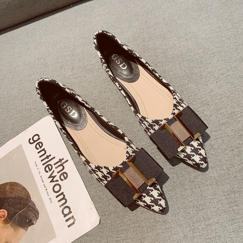 千鸟格气质单鞋女2025年新款金属装饰软浅口尖头底低跟鞋软底瓢鞋,女鞋,浅口单鞋,淘宝优惠券,粉丝福利购,淘宝优惠卷
