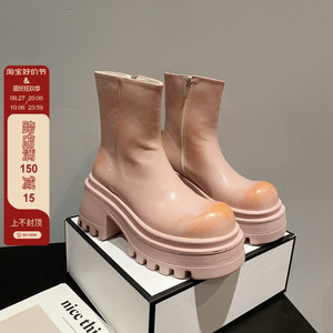 英伦风软皮擦色粗跟高跟马丁鞋女2023新款侧拉链机车短靴切尔西靴