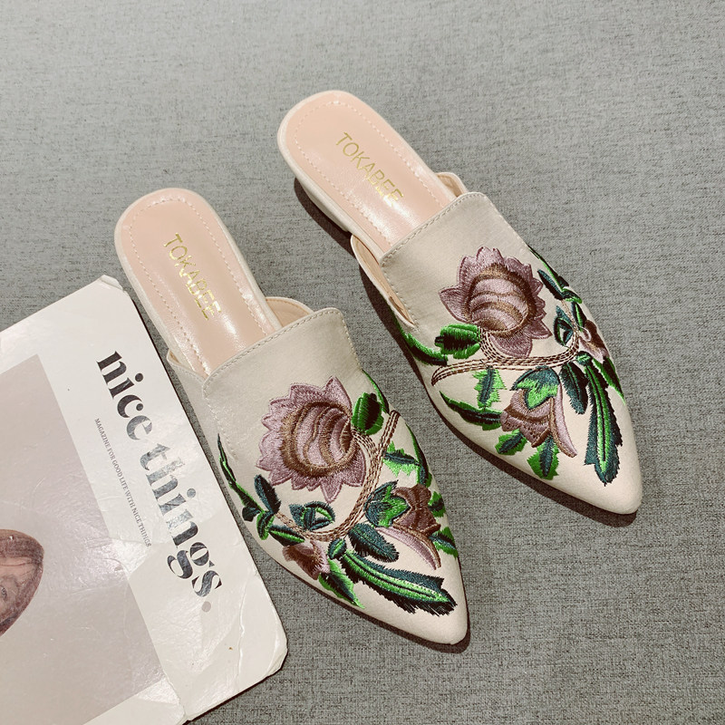 刺绣包头半拖鞋女夏外穿绣花中跟鞋网红懒人穆勒鞋气质高跟凉拖女,女鞋,包头拖,淘宝优惠券,粉丝福利购,淘宝优惠卷