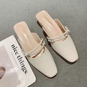 一脚套粗跟包头凉拖 女2026年新款 法式 甜美珍珠一字方头中跟半拖鞋