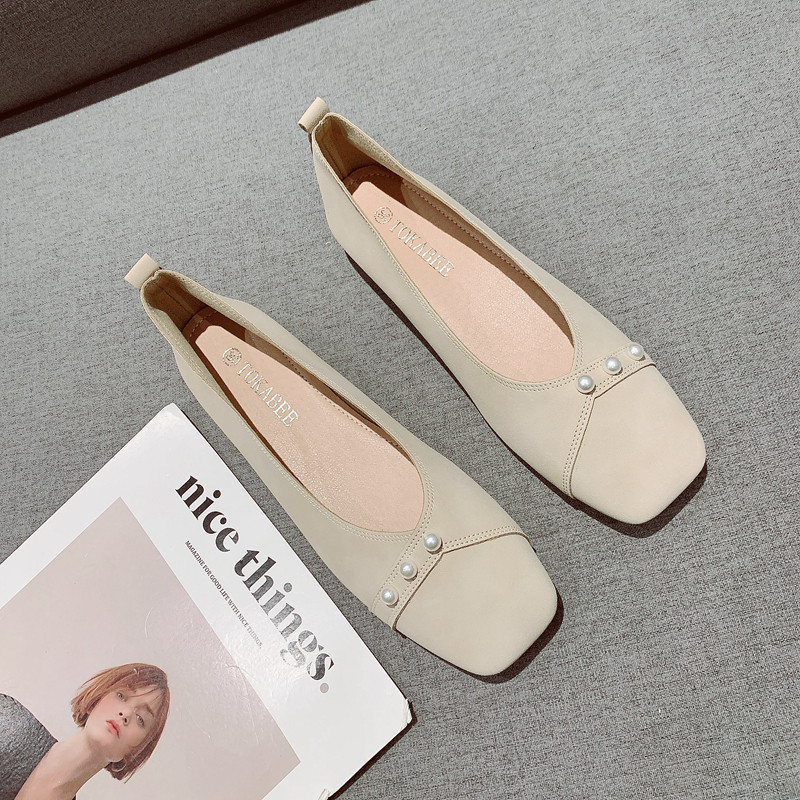 珍珠方头单鞋女低跟鞋春夏新款晚晚风浅口奶奶鞋百搭通勤休闲瓢鞋