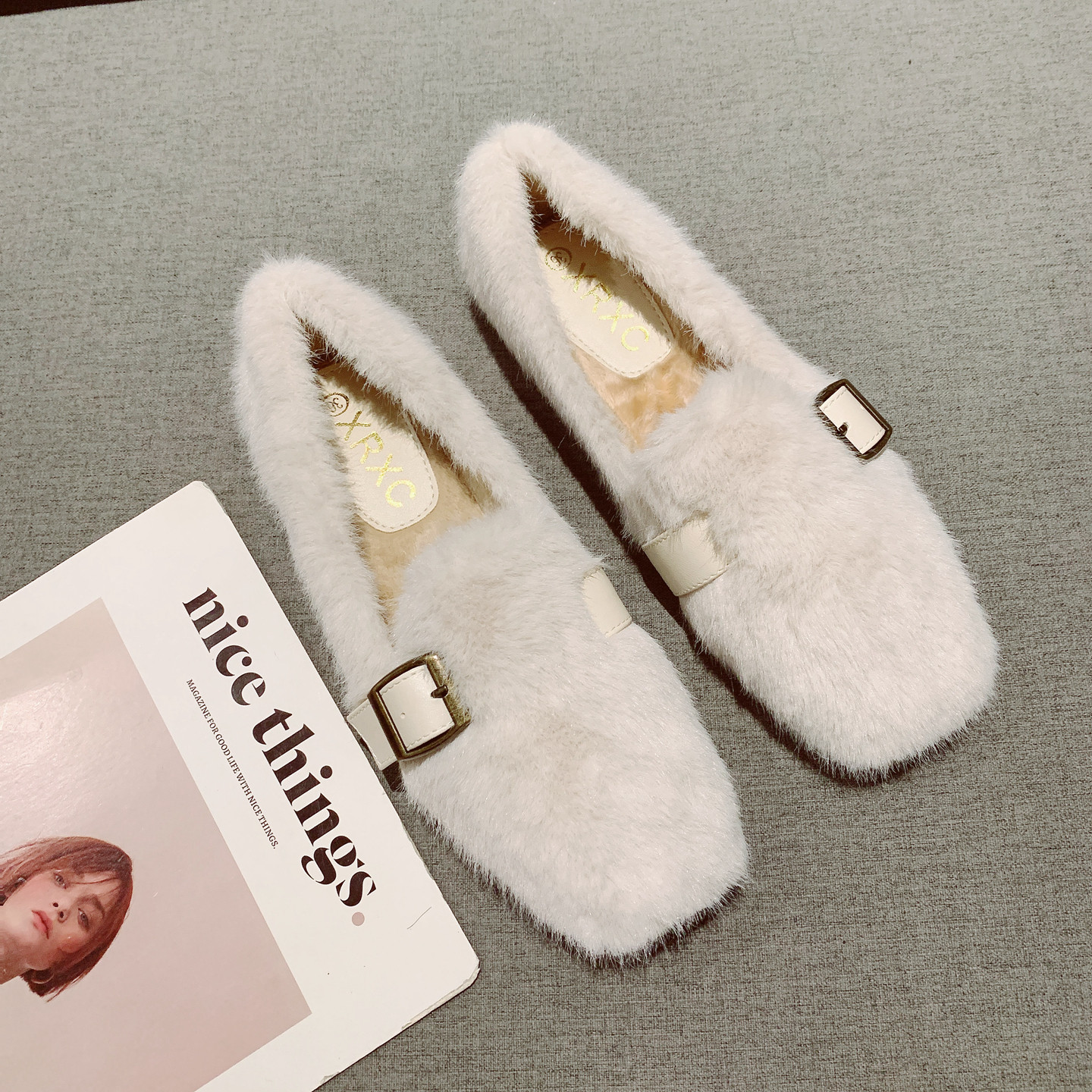 皮带扣一脚套浅口方头加绒毛毛鞋