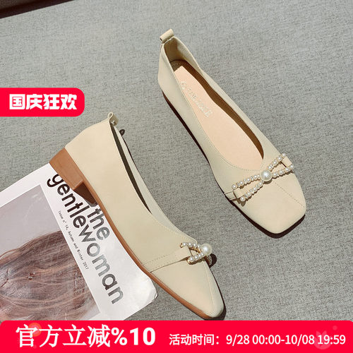 单鞋韩版珍珠扣软面皮奶奶鞋