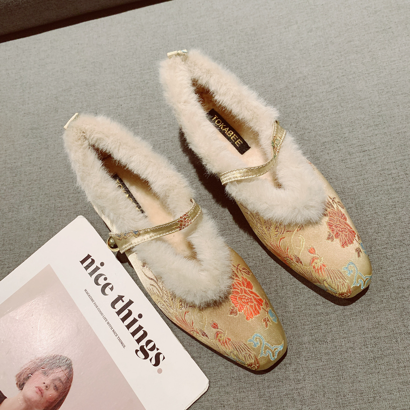 法式国风布面一字带加绒毛毛鞋女2025年新款浅口方头低跟保暖棉鞋,女鞋,浅口单鞋,淘宝优惠券,粉丝福利购,淘宝优惠卷