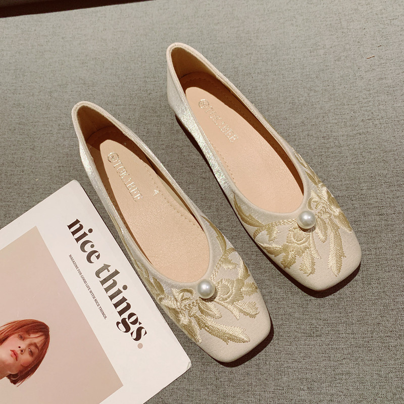 国风刺绣布面复古方头低跟玛丽珍鞋女2025年新款一脚套工作单鞋,女鞋,浅口单鞋,淘宝优惠券,粉丝福利购,淘宝优惠卷