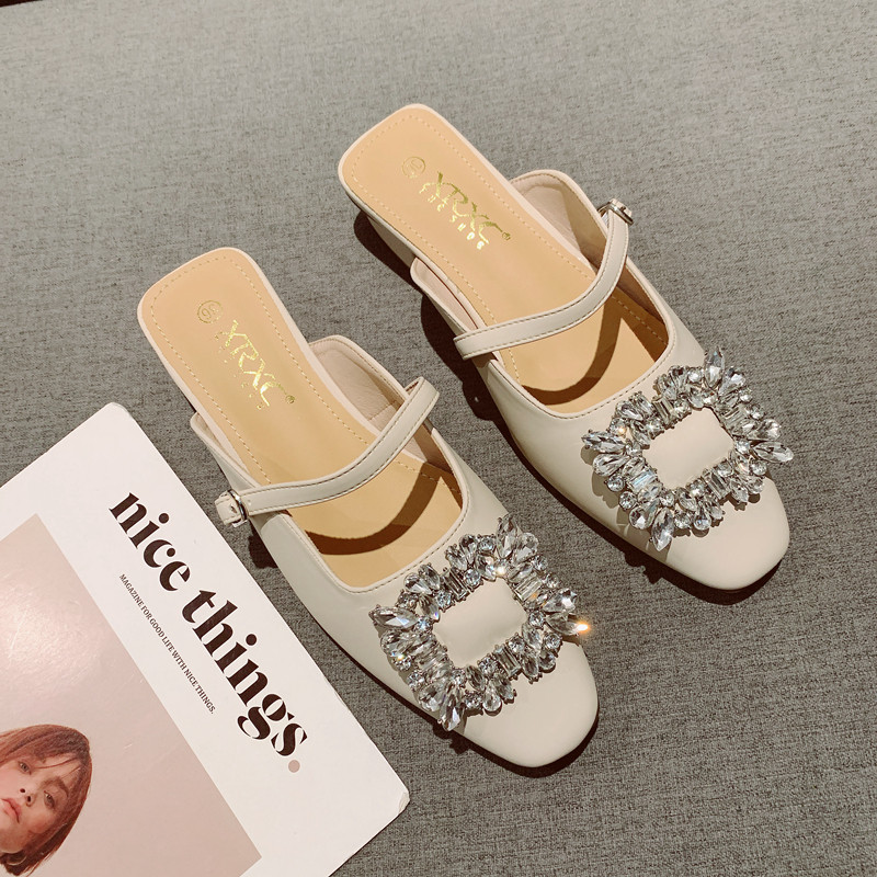 法式水钻扣包头中跟拖鞋女2025新款简约百搭一脚套方头粗跟半拖鞋,女鞋,包头拖,淘宝优惠券,粉丝福利购,淘宝优惠卷