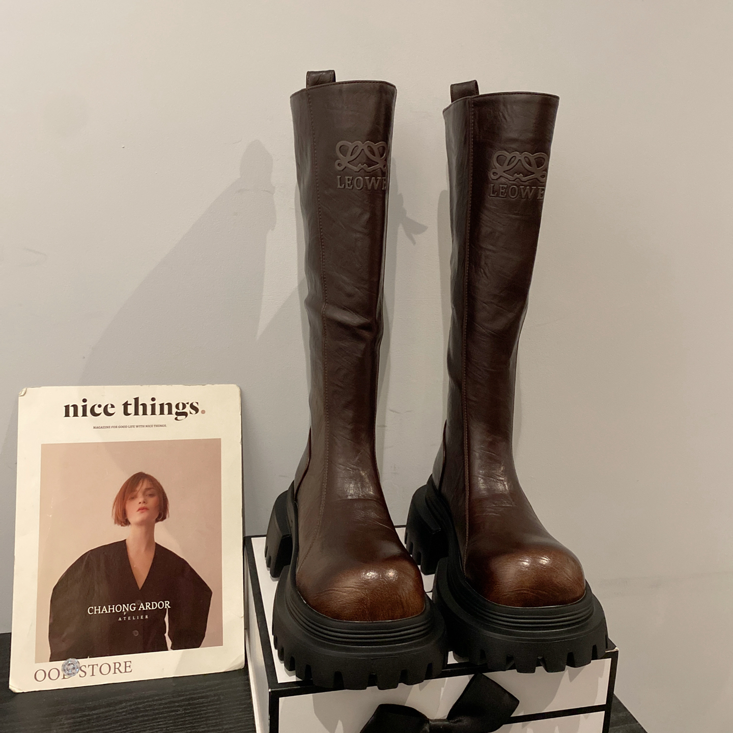 复古圆头厚底增高长筒骑士靴女