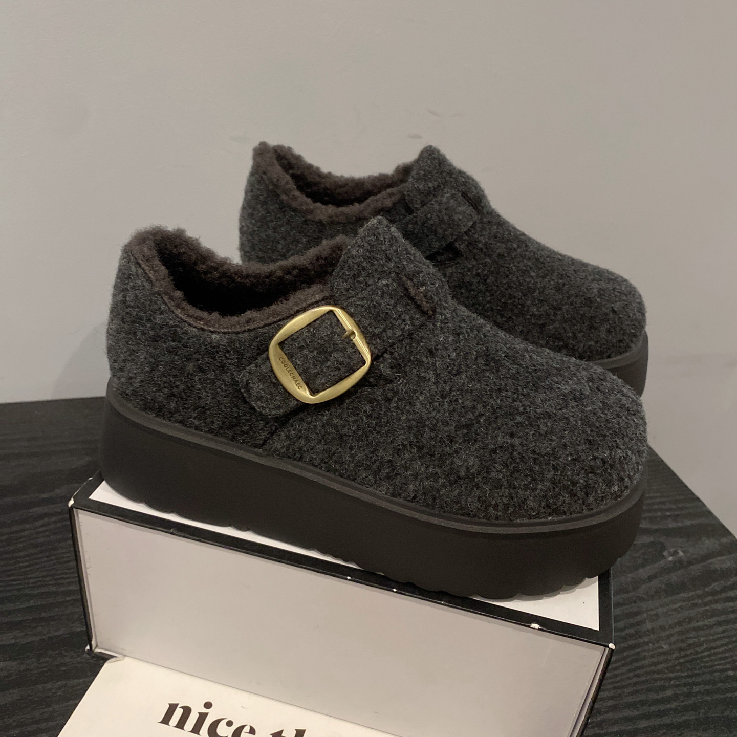 呢子布面增高厚底皮带乐福鞋女2025年新款英伦风加绒保暖毛毛鞋,女鞋,勃肯鞋/软木鞋,淘宝优惠券,粉丝福利购,淘宝优惠卷