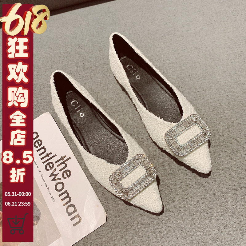 时尚水钻口尖头平底鞋女2026年新款韩版气质舒适软底浅口工作单鞋