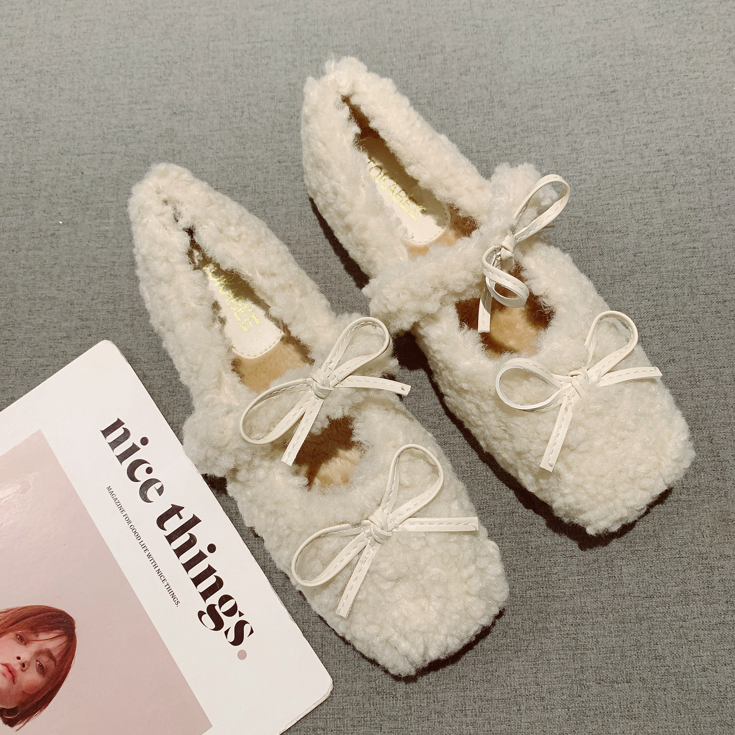 蝴蝶结装饰一字带方头加绒毛毛鞋