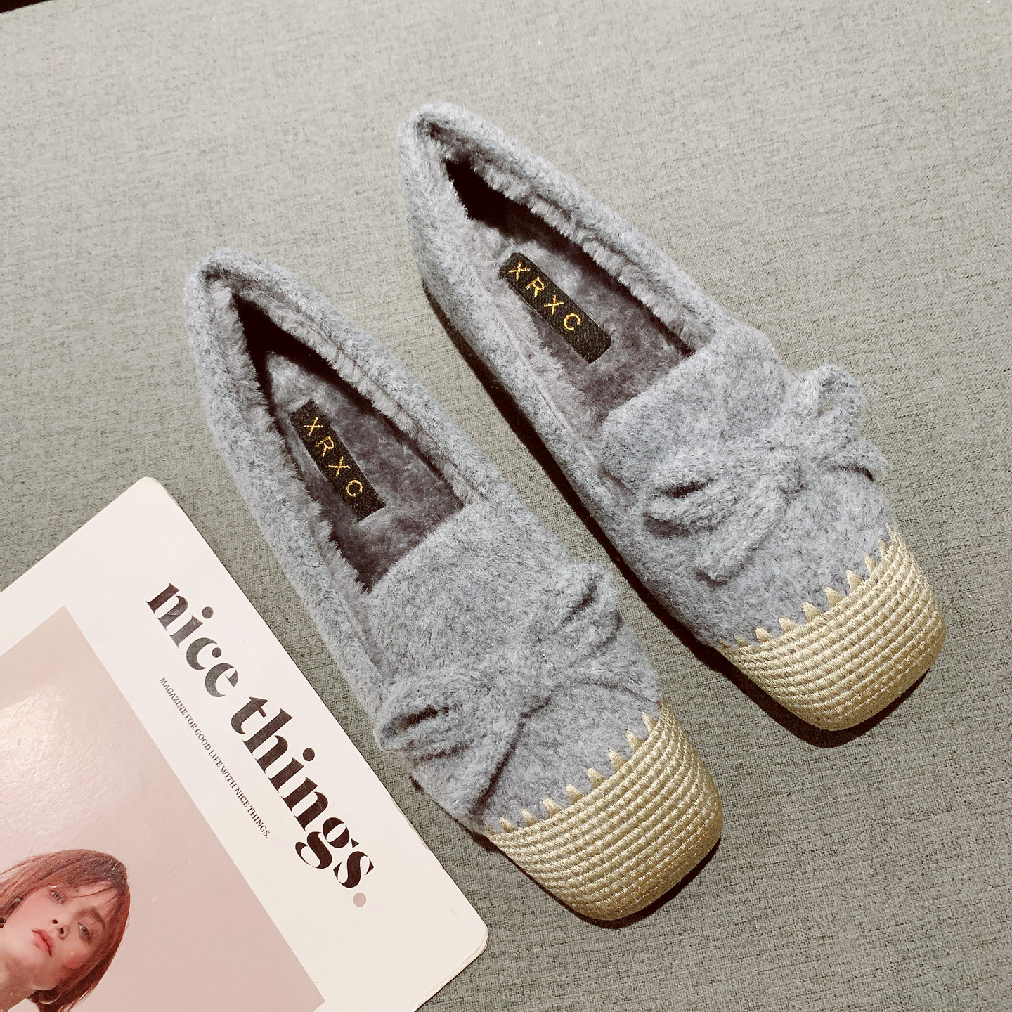 蝴蝶结装饰拼接方头软底毛毛鞋女