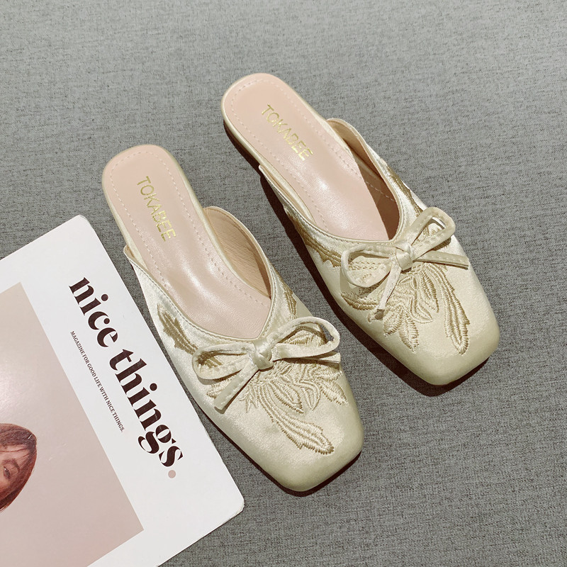 蝴蝶结装饰包头半拖鞋女2025年新款国风刺绣布面软底中式仙女凉拖,女鞋,包头拖,淘宝优惠券,粉丝福利购,淘宝优惠卷