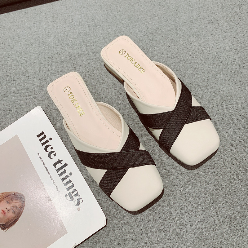 包头半拖鞋女外穿2025年新款法式小众设计拼色方头粗跟低跟穆勒拖,女鞋,包头拖,淘宝优惠券,粉丝福利购,淘宝优惠卷