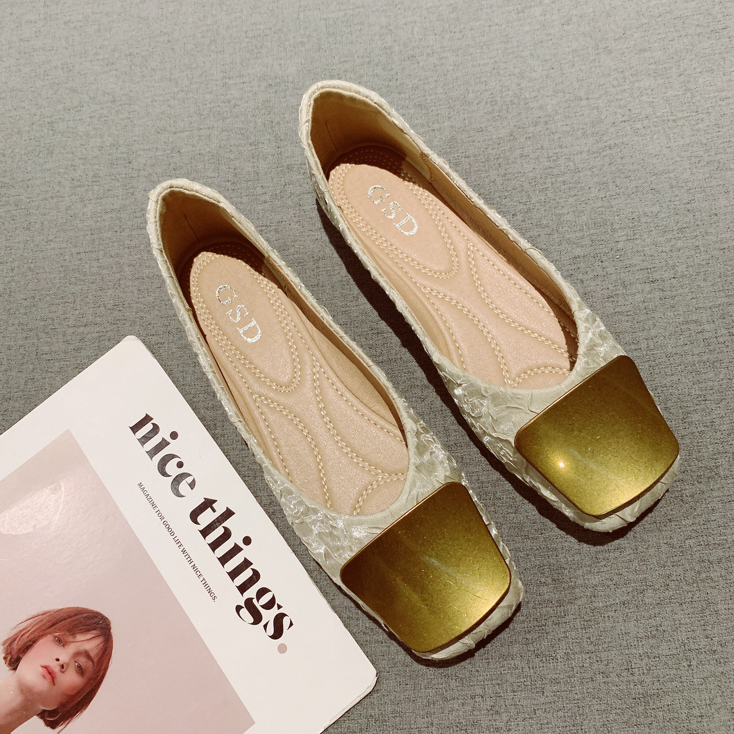 金属扣装饰褶皱布面浅口方头软底豆豆鞋女2025年新款一脚套平底鞋,女鞋,浅口单鞋,淘宝优惠券,粉丝福利购,淘宝优惠卷