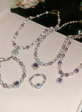 锆石曼塔玫瑰珍珠项链法式复古气质锁骨链轻奢高级感戒指手链套装