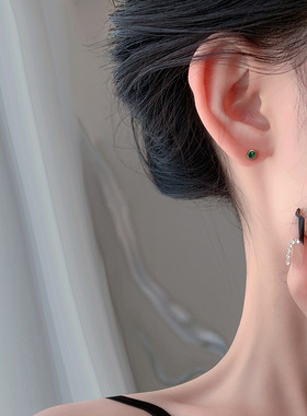 日韩风S999纯银绿色圆形耳钉女小众高级气质百搭设计精致简约耳饰