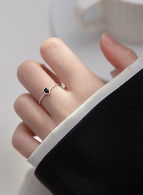 韩版简约冷淡风S925纯银黑钻女戒