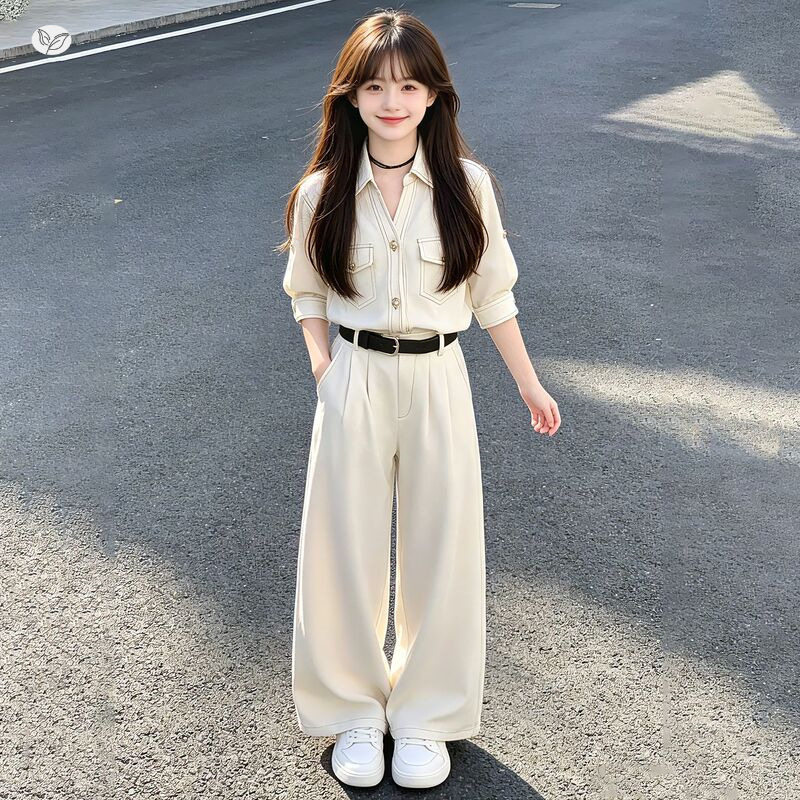 女童韩系西服套装2026夏季新款中大童中袖衬衣外套阔腿裤儿童夏装
