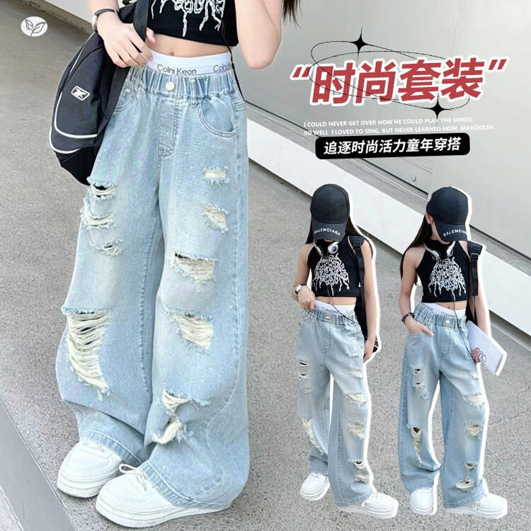 跨境女童美式复古烫钻破洞裤2026夏款中大童轻薄牛仔裤阔腿裤长裤图片