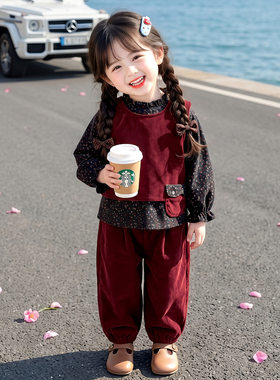 外贸女童碎花灯芯绒三件套2026秋季新款韩版洋气套装一件代发童装