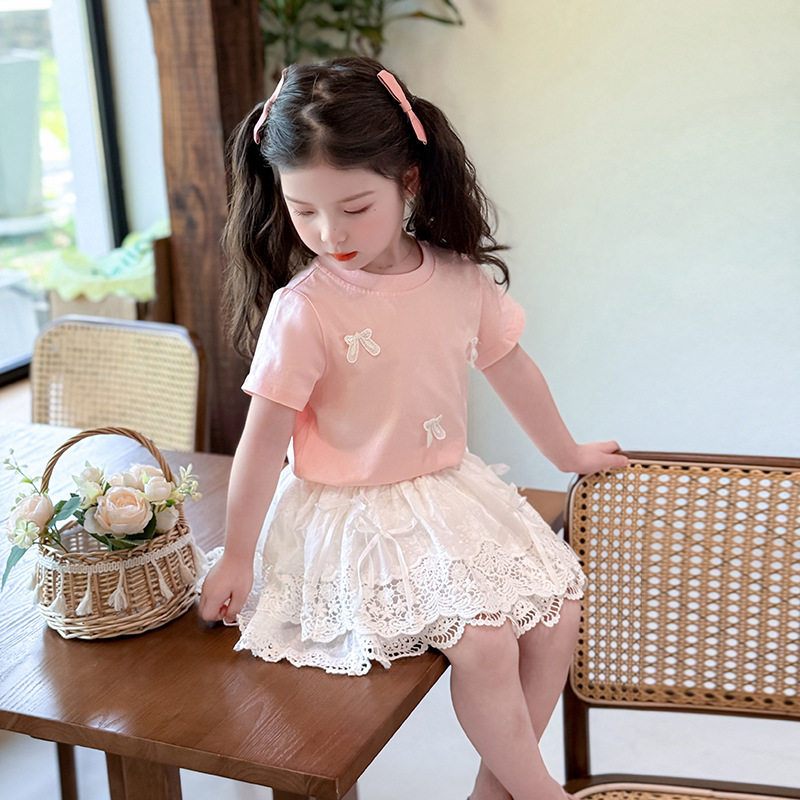 韩国女童蝴蝶结蕾丝裙套装2026夏季新款粉色短袖5幼儿洋气两件套6