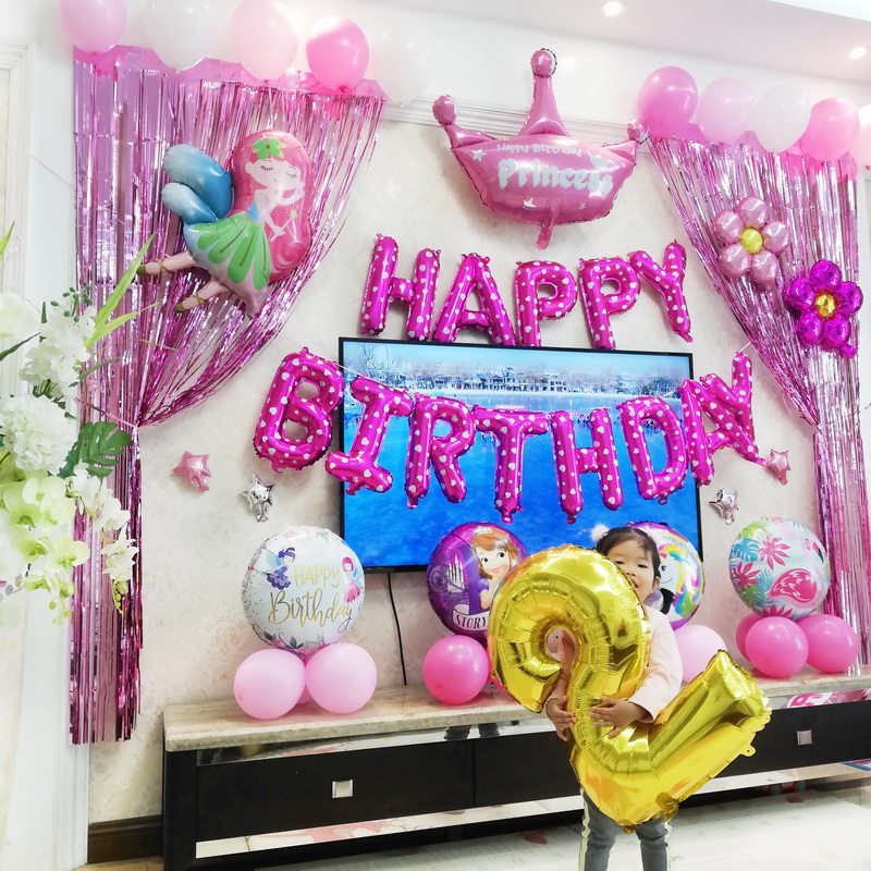 女孩生日布置客餐厅电视背景墙周岁粉色公主小仙女雨丝帘气球装饰