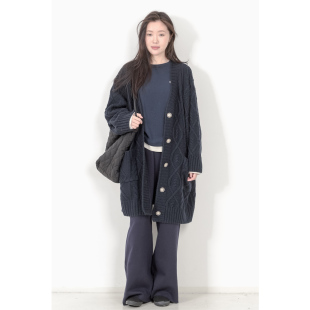 外套女 v领毛衣开衫 KNgs 秋冬复古奶奶风宽松麻花纯色加厚中长款