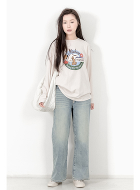 KNgs 冬季日系设计感宽松印花卡通加绒圆领长袖打底衫t恤女