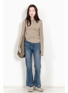 KNgs 春秋复古风法式高腰修身深蓝色显瘦弹力微喇裤长裤牛仔裤女