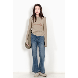 春秋复古风法式 牛仔裤 高腰修身 长裤 女 深蓝色显瘦弹力微喇裤 KNgs