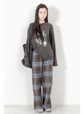 KNgs 冬季复古风日系宽松磨毛加厚米奇印花圆领长袖打底衫t恤女