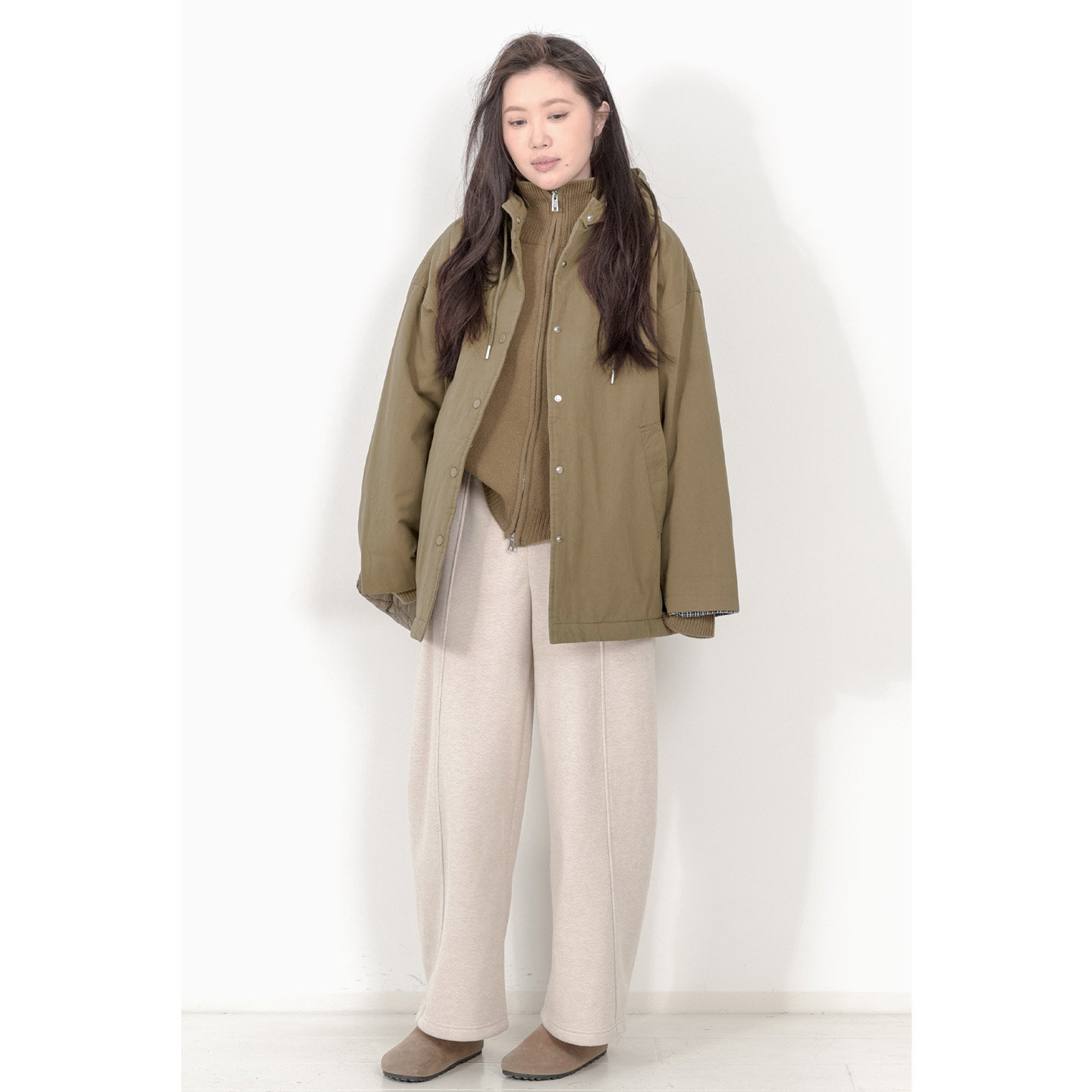 KNgs 冬季学院风日系宽松纯棉连帽中长款工装棉衣外套女