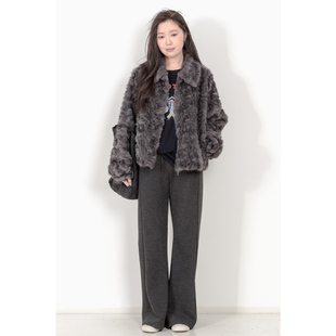 小香风高级感仿皮草羊羔毛翻领夹克毛呢短外套女 法式 KNgs 冬季