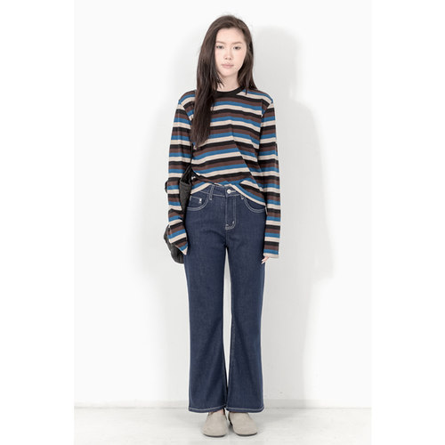 拼接撞色条纹长袖针织T恤