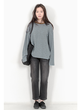 KNgs 秋季美式复古风做旧宽松拼接条纹长袖中长款打底衫t恤女上衣