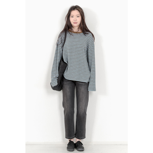 秋季 打底衫 美式 中长款 t恤女上衣 复古风做旧宽松拼接条纹长袖 KNgs
