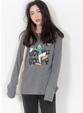 KNgs 春秋复古日系学院风宽松圆领长袖卡通印花打底衫t恤女上衣