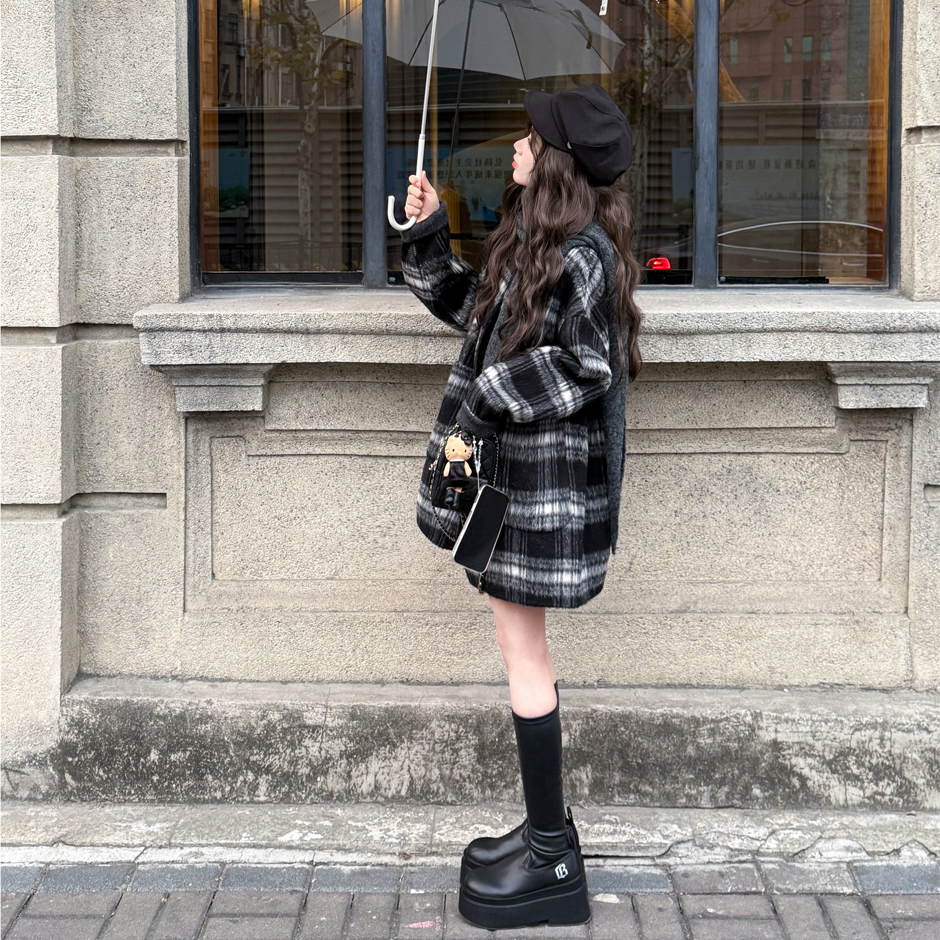 YIKOwow 羊驼毛格雷系黑白格纹双面呢大衣女秋冬高级感中长款外套