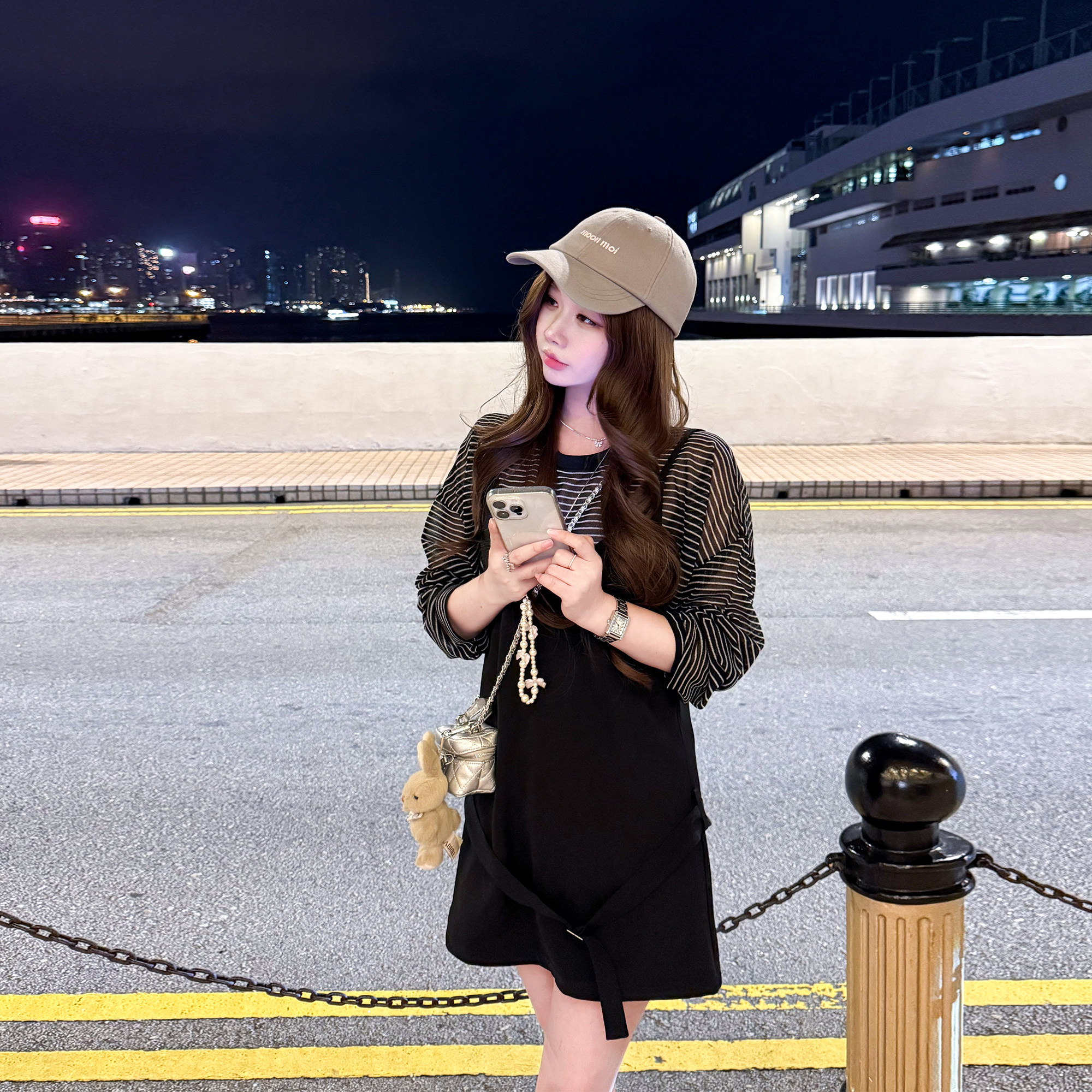 YIKOwow 回响贝斯 条纹圆领长袖防晒T恤减龄百搭背带连衣短裙套装