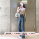 女显腿细直长裤 棉质高弹开叉微喇牛仔裤 中古辣妹升级版 YIKOwow