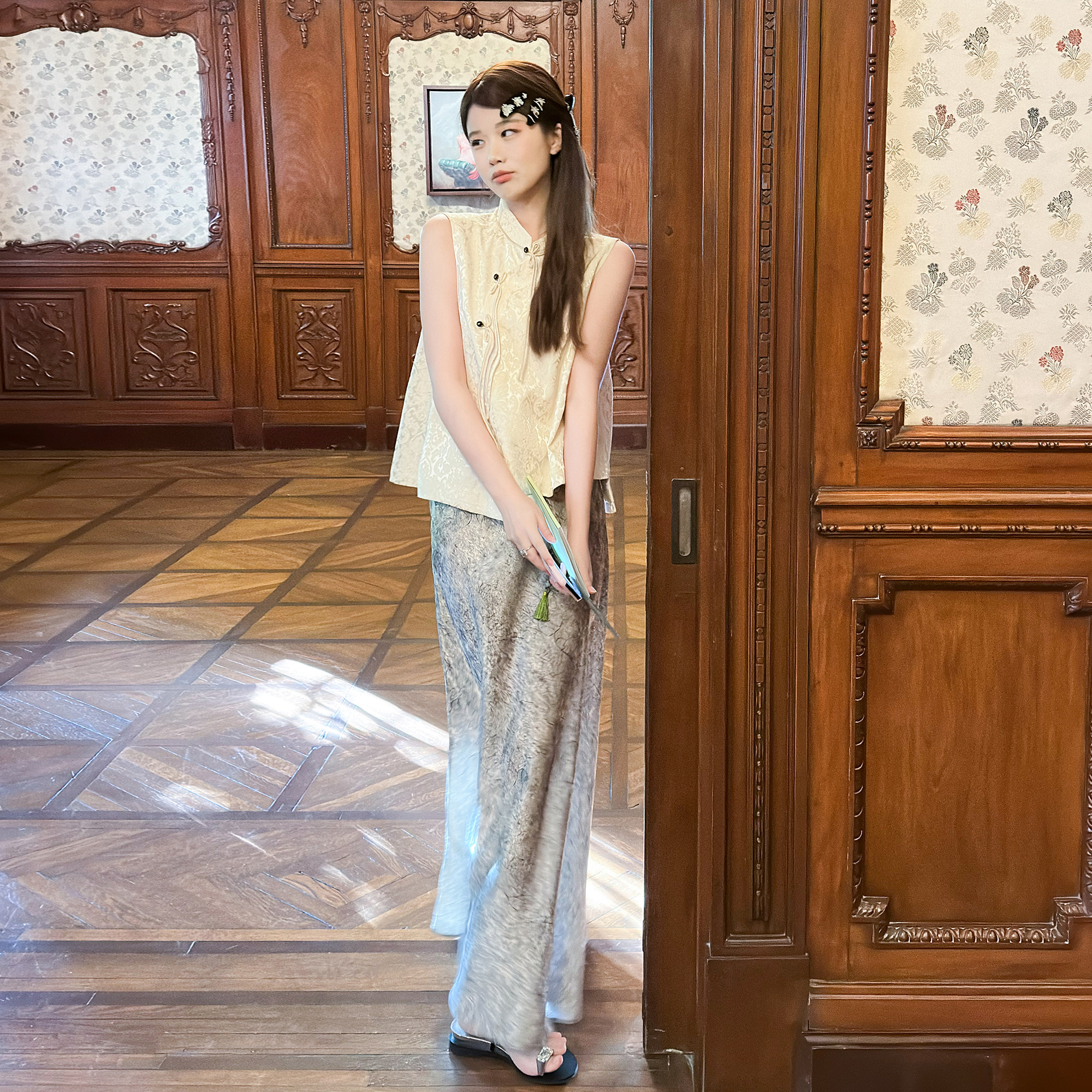 YIKOwow醋酸新中式半裙马甲套装