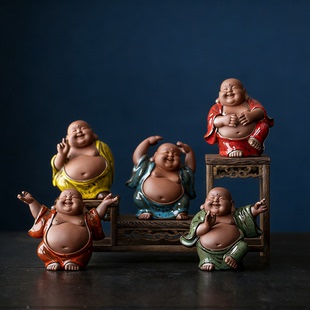 紫砂可养五佛弥勒茶宠摆件精品可爱大肚弥勒佛茶桌禅意装饰工艺品